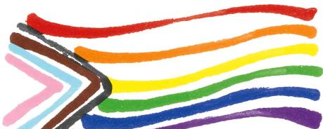 Eine illustrierte Variante der Progressive Pride Flag, dem Symbol der queeren Emanzipationsbewegung.