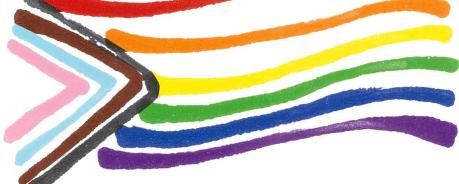 Eine illustrierte Variante der Progressive Pride Flag, dem Symbol der queeren Emanzipationsbewegung.