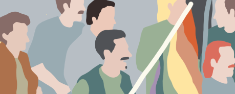 Das Bild ist eine Illustration, auf der sieben Personen zu erkennen sind. Sie sind im Stil der 1980er Jahre gekleidet und tragen eine Regenbogenflagge bei sich. es handelt sich um die Darstellung der Situation bei der historisch realen Demonstration "Solidarität der Uneinsichtigen", die 1988 in Frankfurt stattfand.