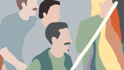 Das Bild ist eine Illustration, auf der sieben Personen zu erkennen sind. Sie sind im Stil der 1980er Jahre gekleidet und tragen eine Regenbogenflagge bei sich. es handelt sich um die Darstellung der Situation bei der historisch realen Demonstration "Solidarität der Uneinsichtigen", die 1988 in Frankfurt stattfand.